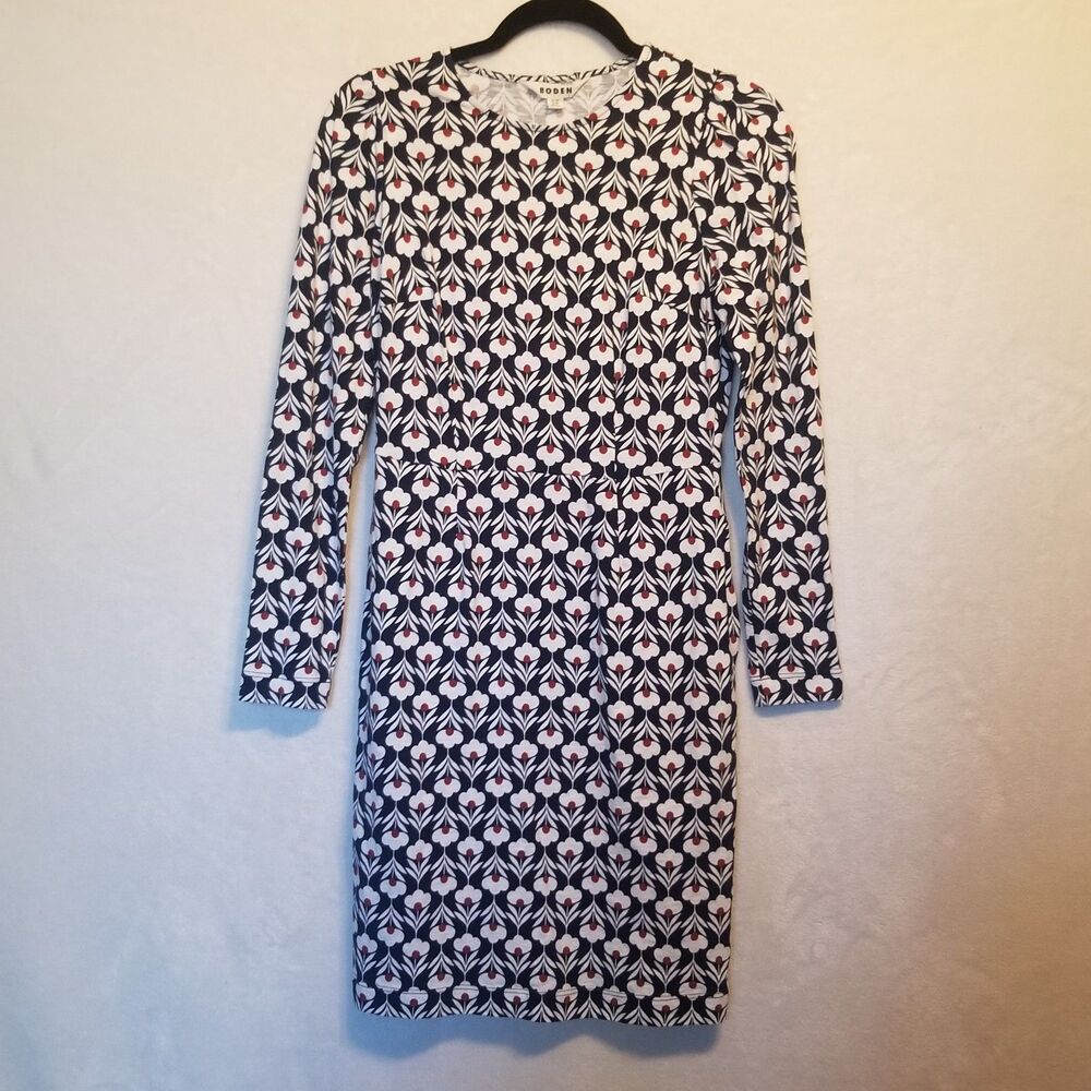 Boden 6R Dress Navy Blue Floral Cotton Sheath Pockets Office Workwear Commuter